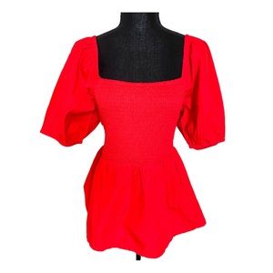 Loft Smocked Peplum Square Neck Red Blouse Size L